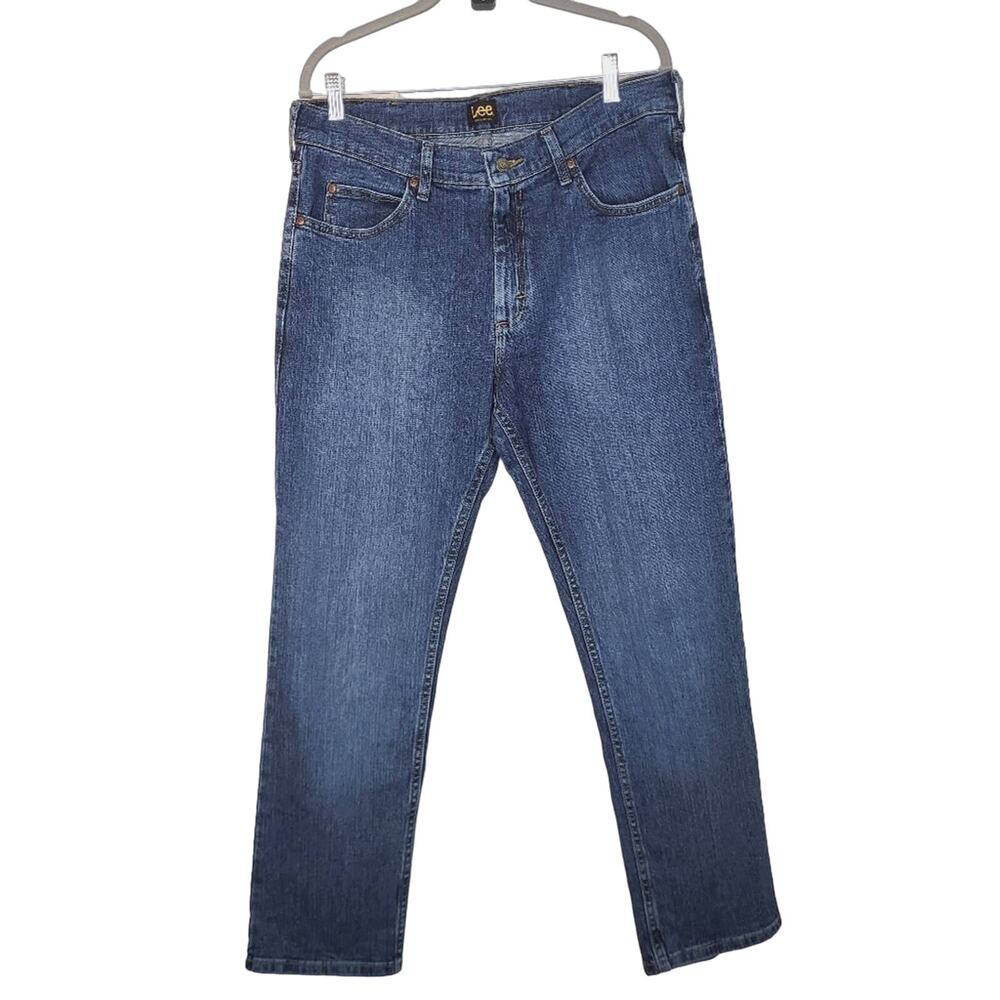 Vintage Lee Relaxed Fit Straight Leg Leather Patch Denim Jeans Men's Size 34x30